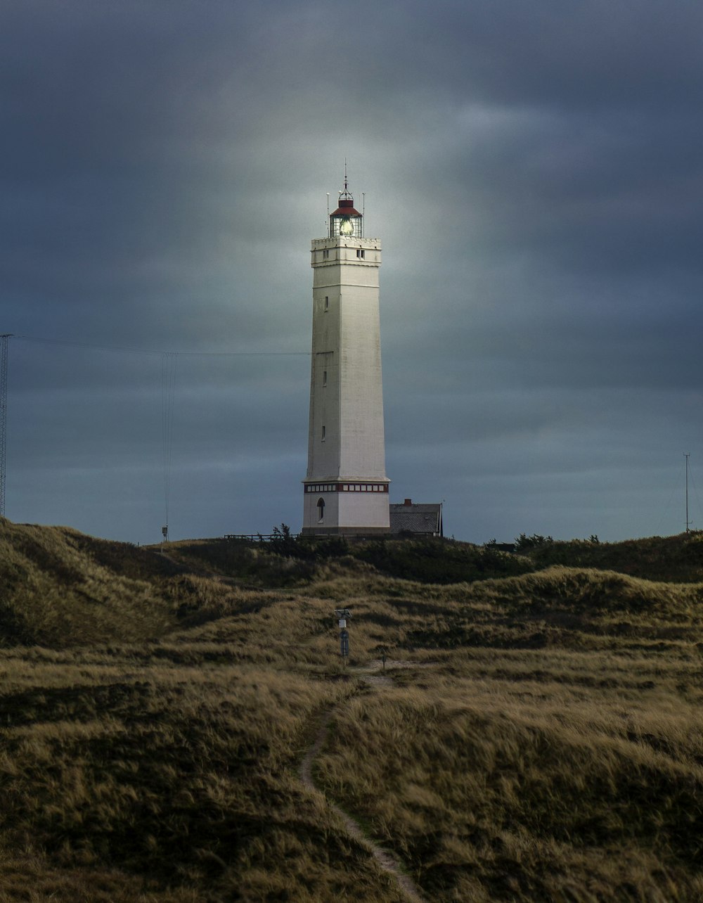 white and black lighthouse on green field under blue and gray sky