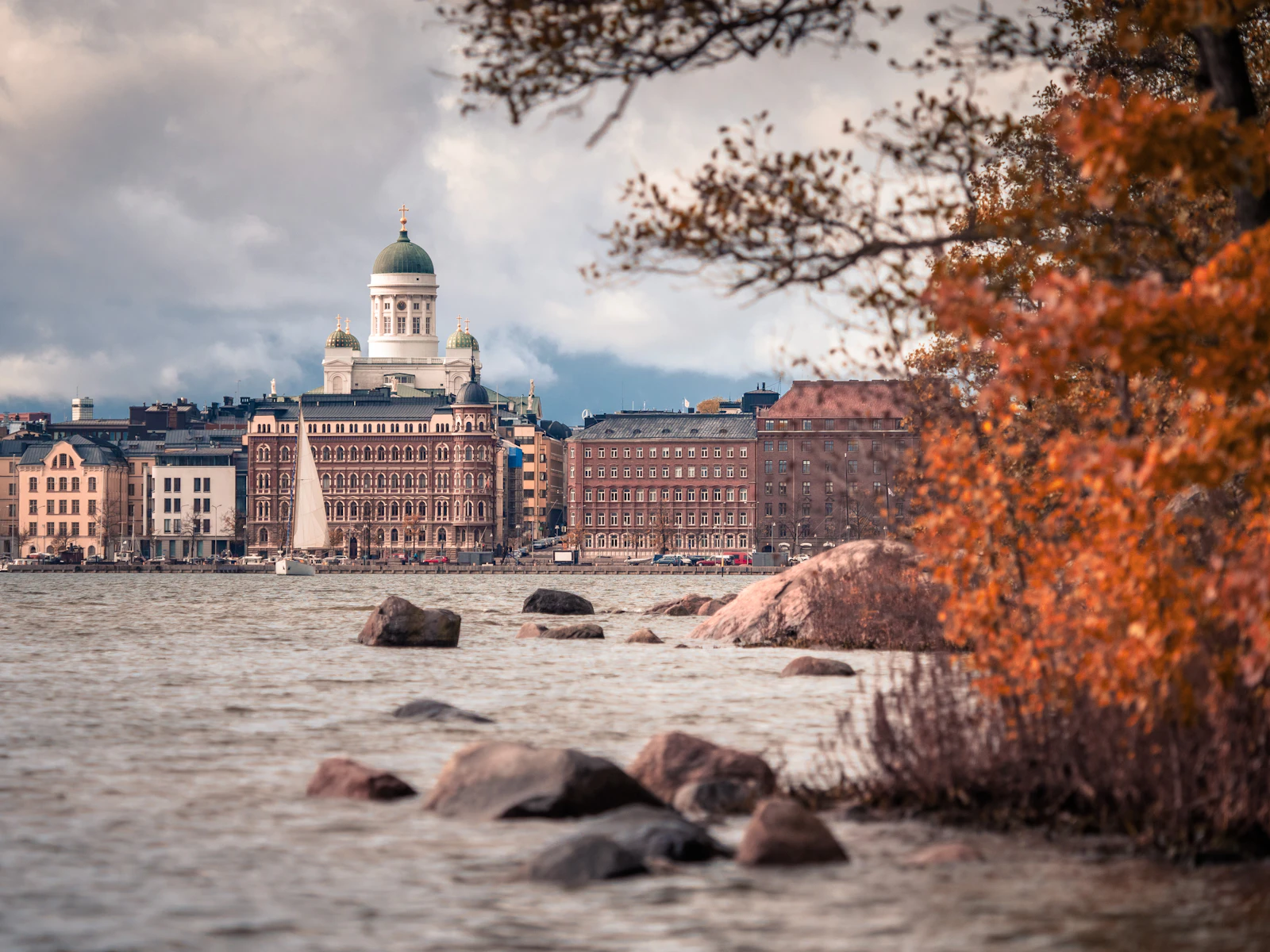 Helsinki Cathedral seen across the harbour in autumn, Finland