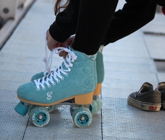 blue-and-white roller skates