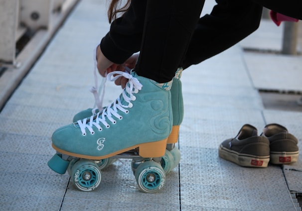 blue-and-white roller skates