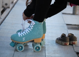blue-and-white roller skates