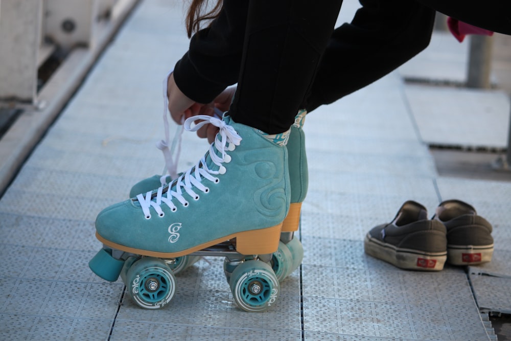 blue-and-white roller skates