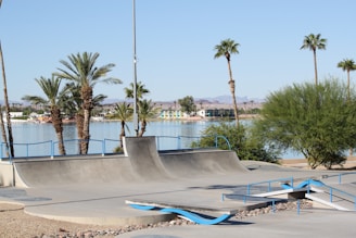A skatepark is situated near a lake, featuring smooth concrete ramps and rails. Palm trees and desert vegetation surround the area, with calm water and distant mountain ranges visible in the background. Blue accents on the skatepark structures complement the clear sky.