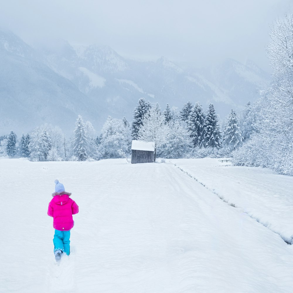 person in purple jacket walking towards cabin