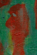 An abstract painting with bold brushstrokes, featuring a dominant red figure set against a green and yellow background. The texture of the canvas is visible, adding depth to the artwork. The composition is a blend of colors and shapes creating an intriguing visual effect.