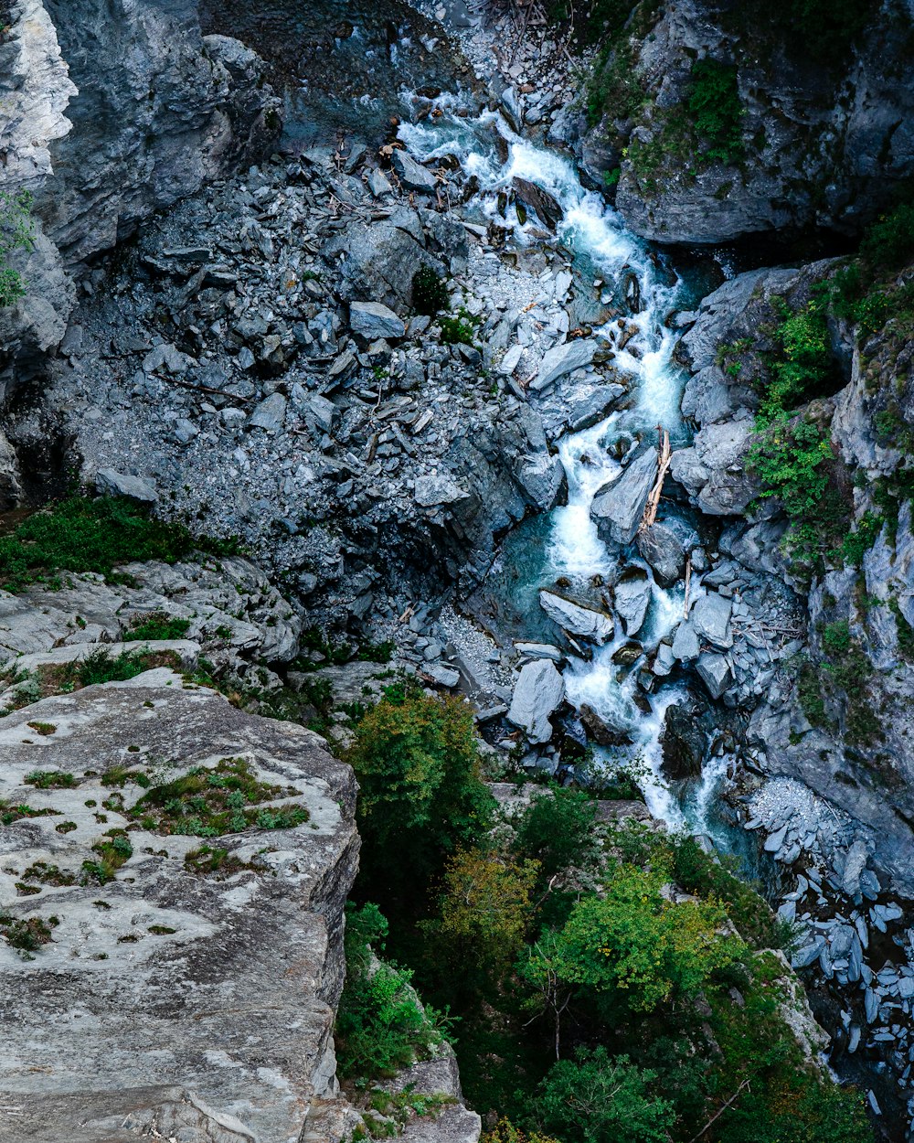 a river running through a rocky gorge next to a lush green forest