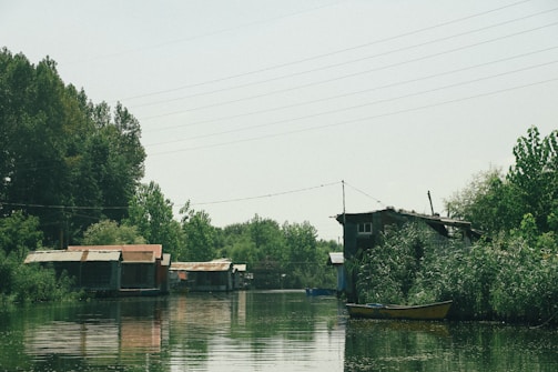 A serene riverside scene with rustic wooden houses lining the calm waterway. Lush green trees and foliage surround the area, creating a peaceful, overgrown atmosphere. A small yellow canoe is docked along the water’s edge, and electrical wires are strung overhead.