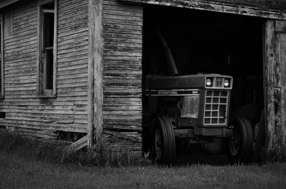 grayscale photo of tractor