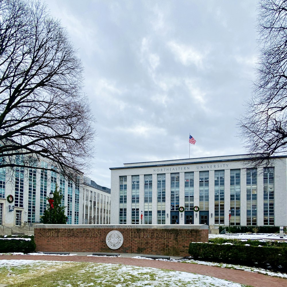 a large building with a flag on top of it