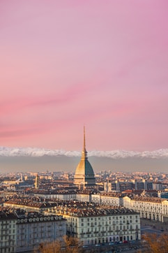 a view of a city with mountains in the background