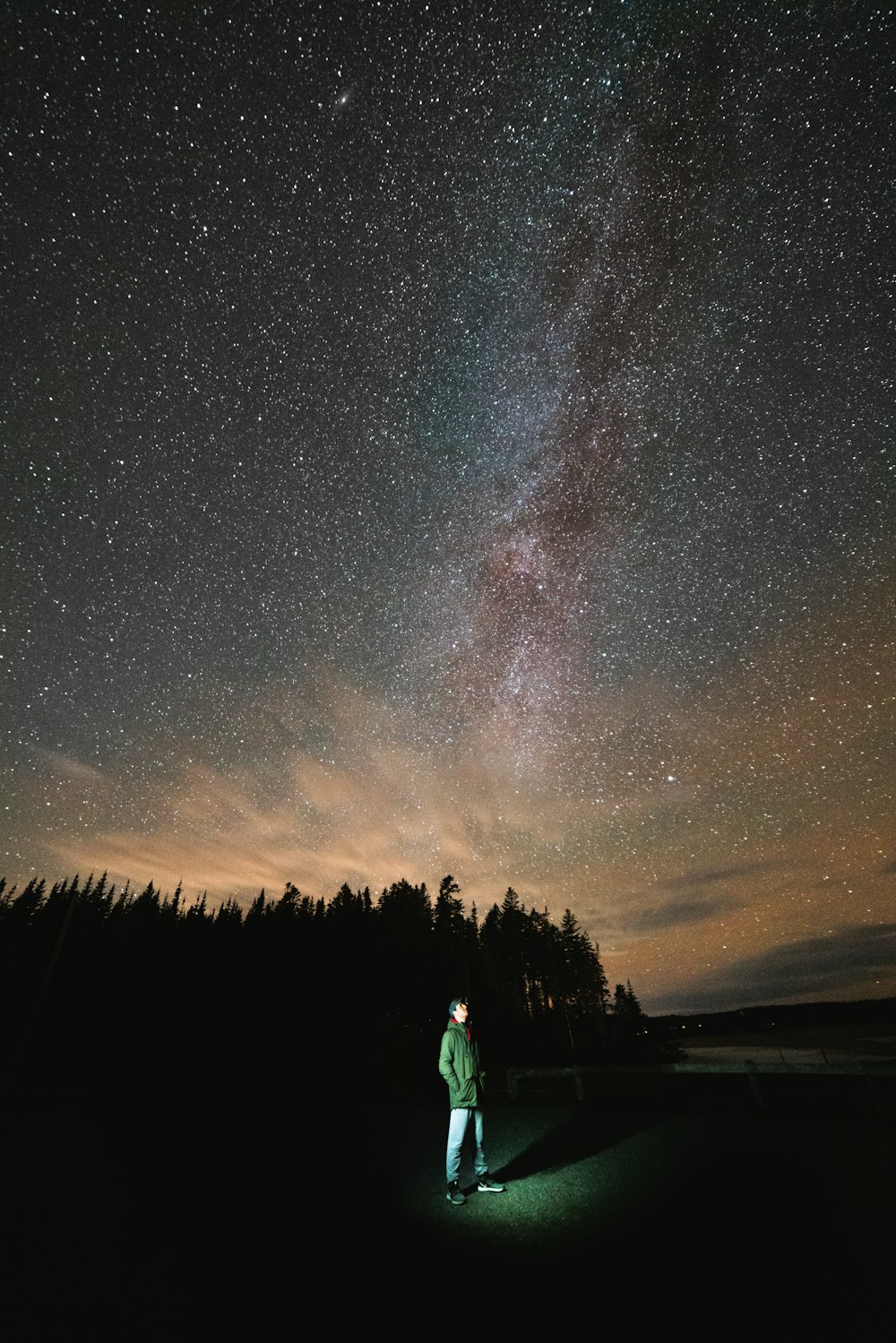 man standing on grass field near forest during night