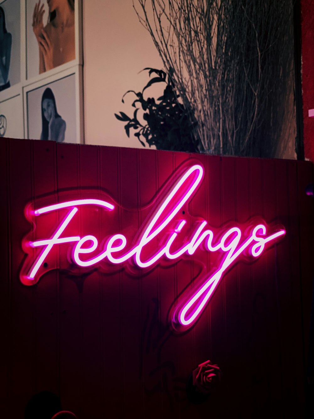 turned-on pink feelings text neon light signage
