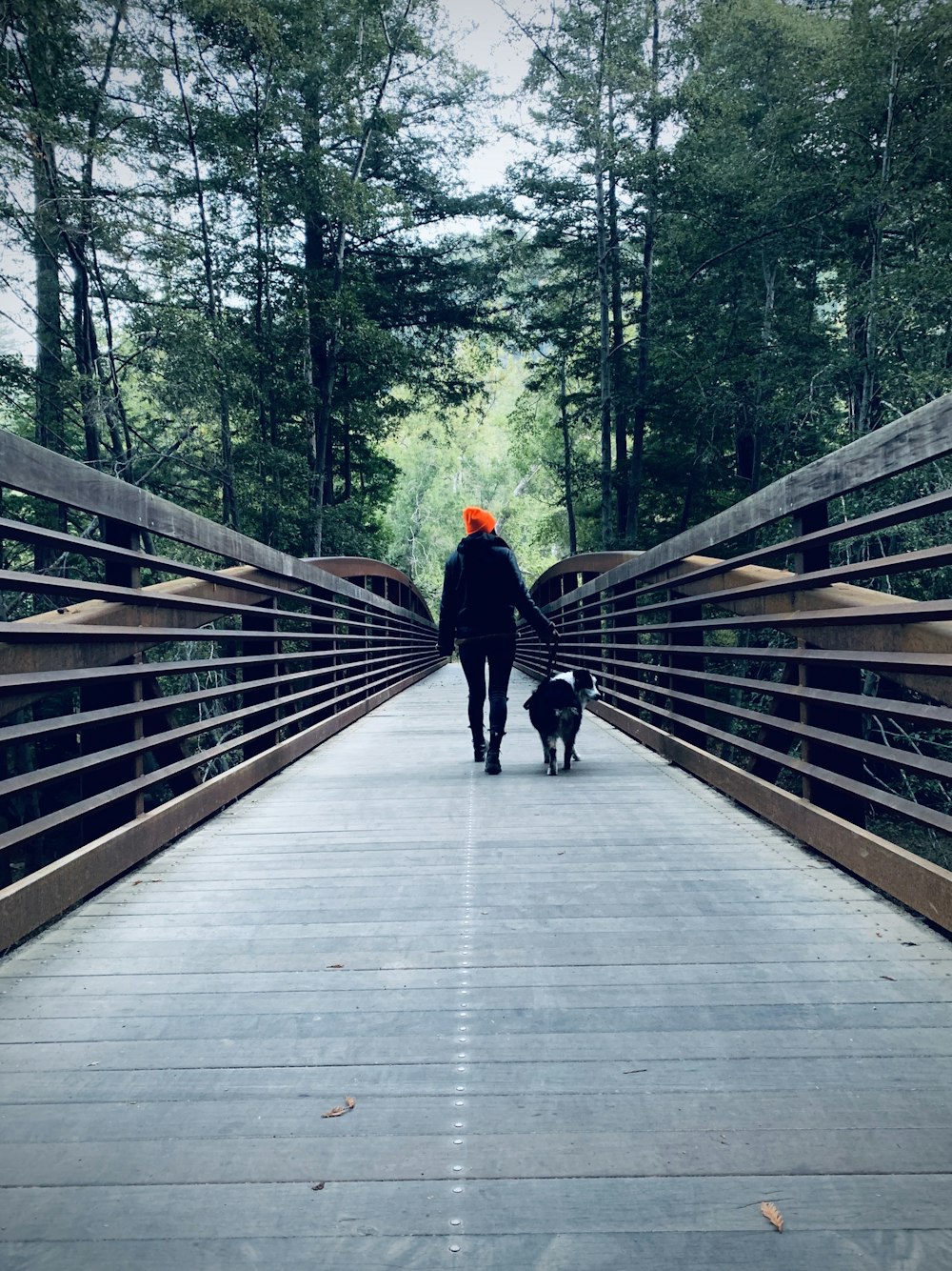 personne en veste noire marchant sur un pont en bois