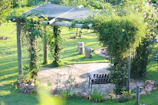A beautifully finished wooden pergola surrounded by lush greenery.