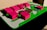 A colorful architectural model features several pink rectangular buildings on a green base, surrounded by circular green trees. Pavement paths are represented in gray, and there are various sections of different colors representing grass and other features.