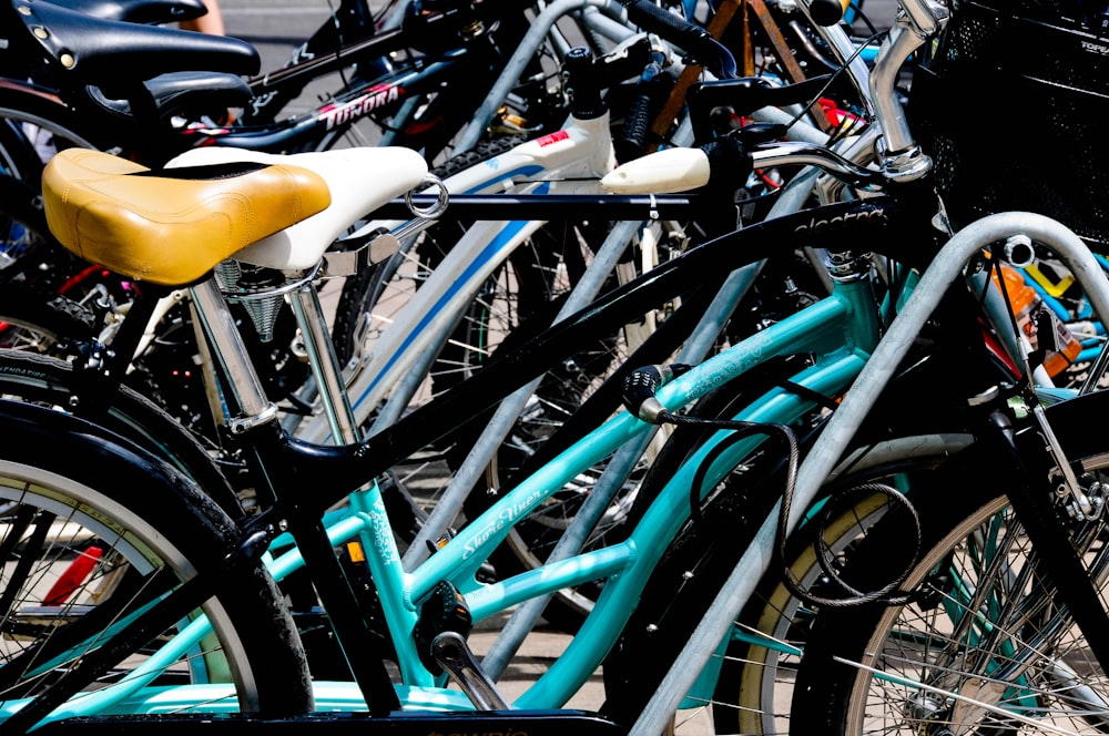 line of parked bikes during day