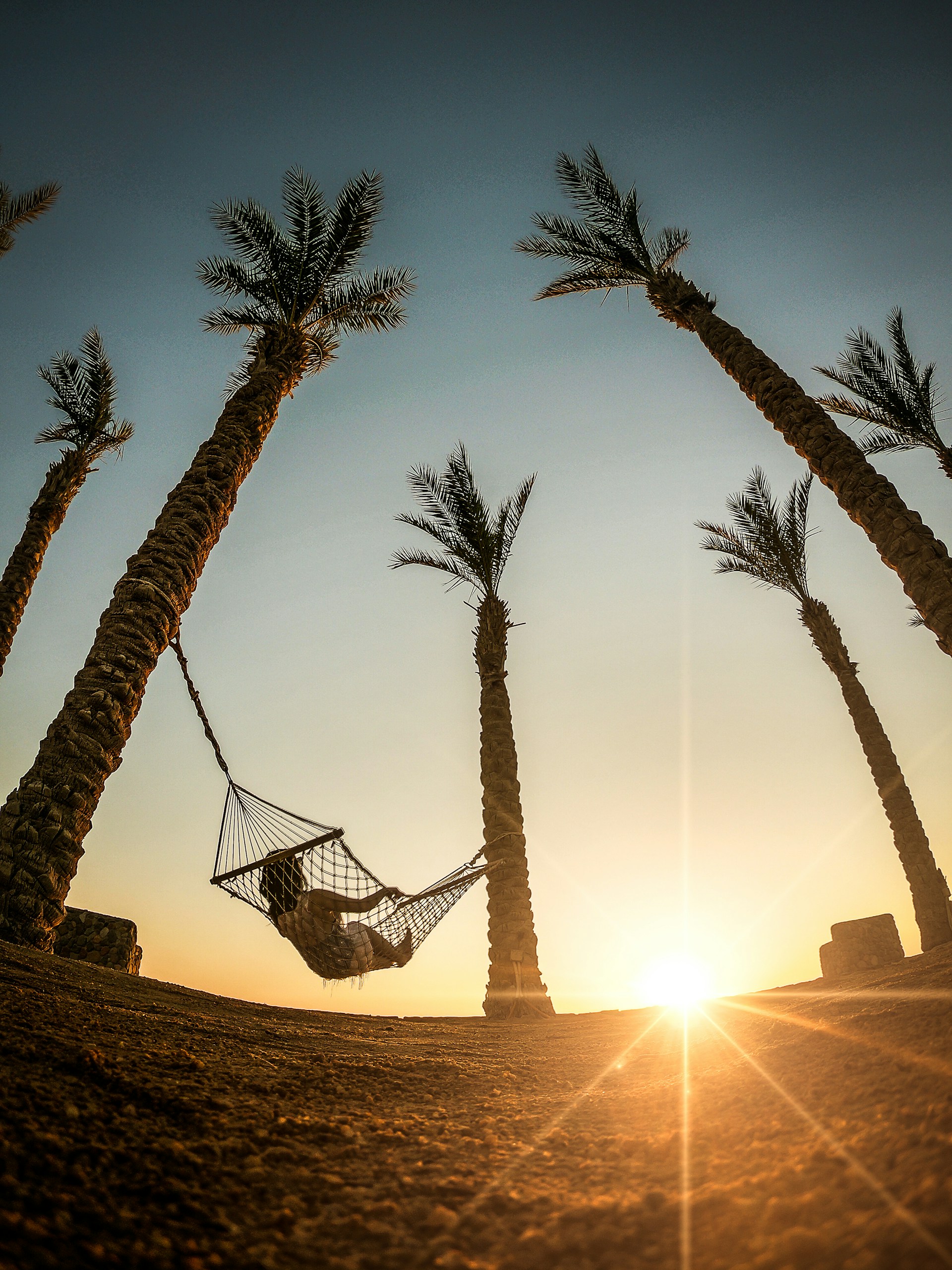 A cozy hammock strung between two palm trees with a colorful sunset in the background, inviting you to relax and savor the summer moment.