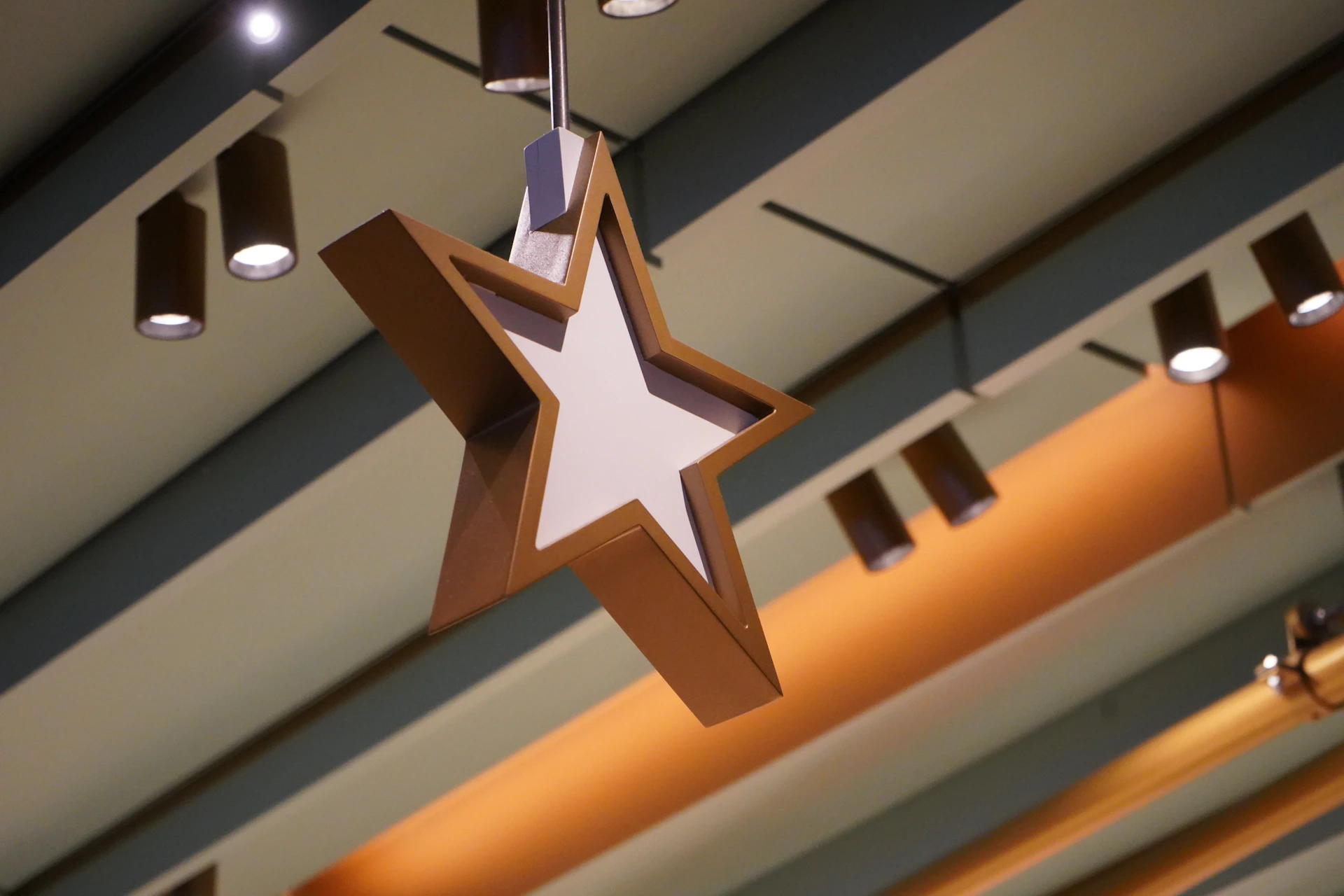 shallow focus photo of brown wooden star ceiling decor