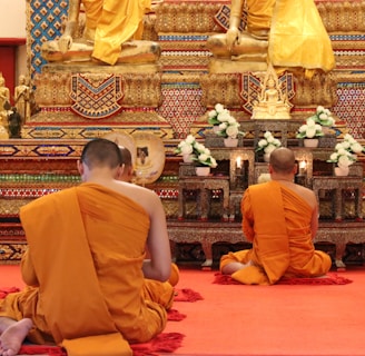 person in orange top sitting in front of statue