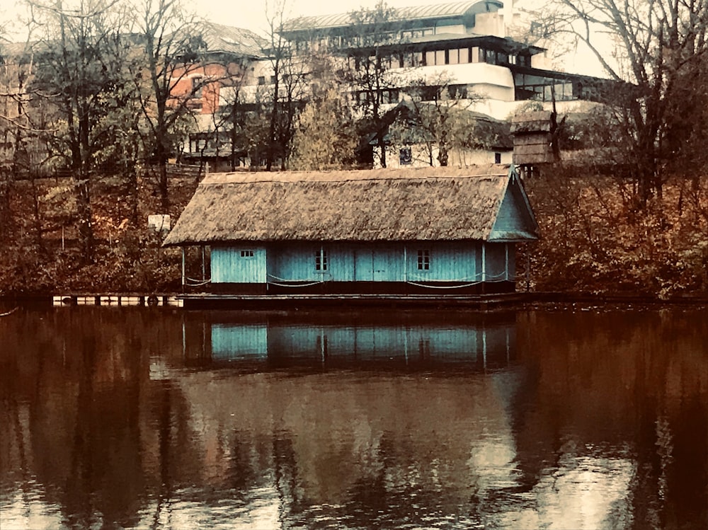 blue house on water