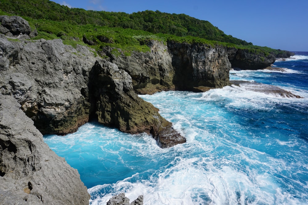 green cliff beside sea