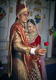 wedding couple in red dress