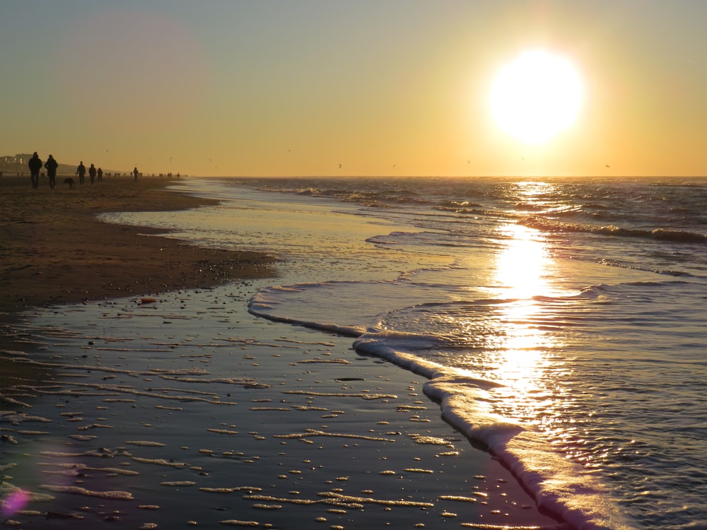 Persone che camminano vicino alla riva vicino al mare durante l'alba