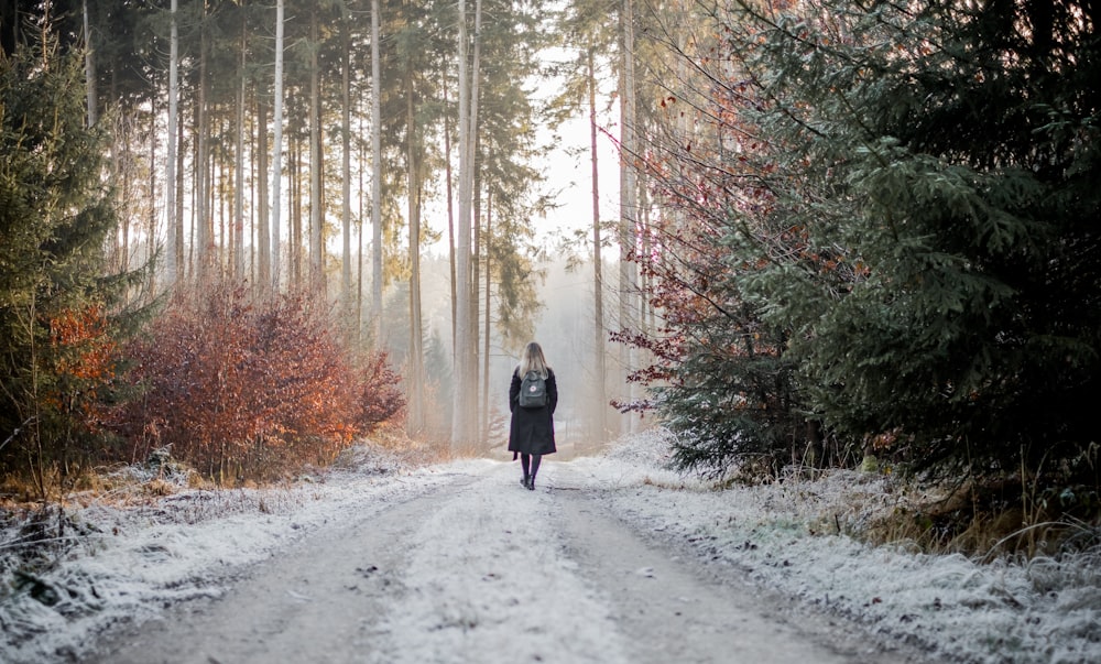 woman walking between trees during daytime