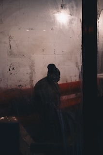 Dimly lit room with artistic shadows cast on textured walls.