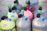 Air tanks neatly arranged on store shelves.