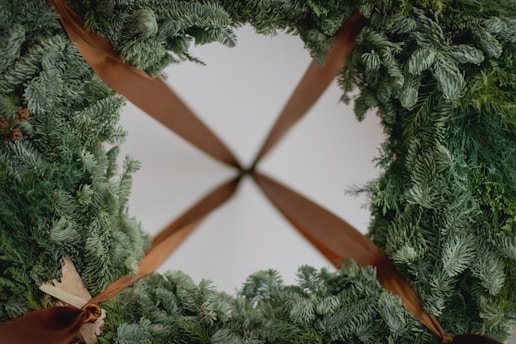 A large, lush green wreath made of pine branches is adorned with ribbons that are a rich brown color. The wreath appears symmetrical and festive, suggesting a holiday decoration.