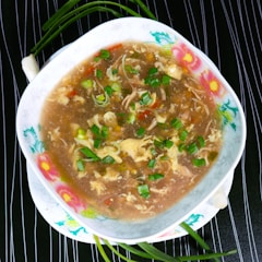A bowl of soup garnished with chopped green onions, featuring a richly textured concoction with visible ingredients like shredded chicken, bits of egg, and diced vegetables such as peppers. The bowl is placed on a dark surface with a decorative, floral-patterned edge.