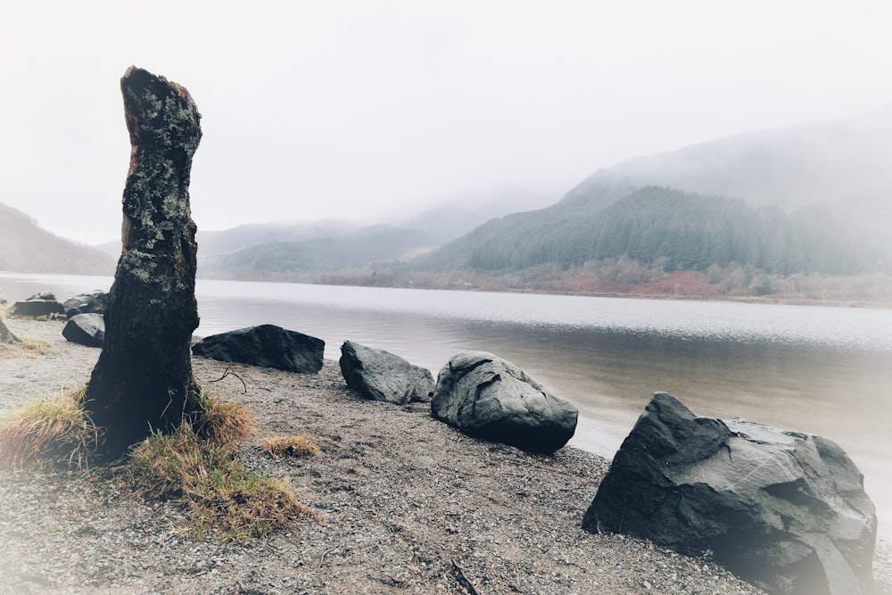 stone formations near body of water under cloudy sky