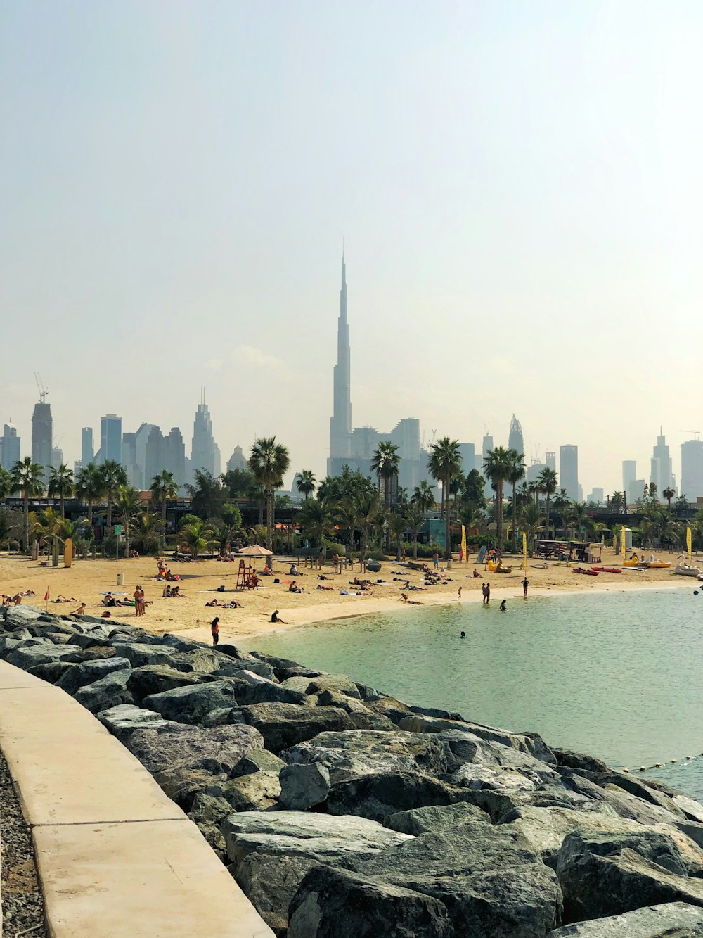 people on shore in front of high-rise buildings