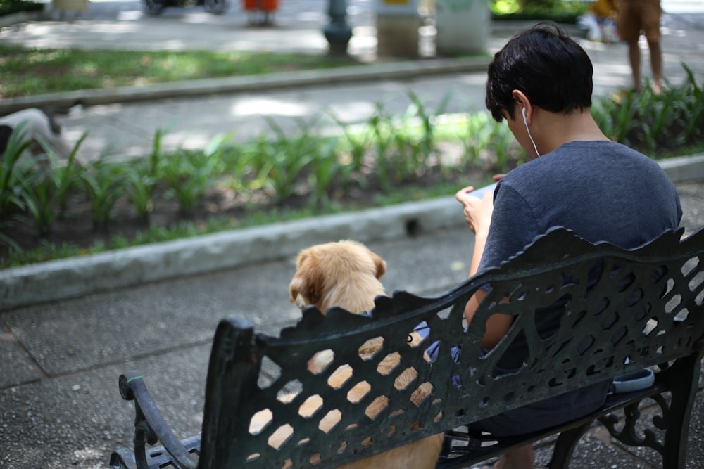 man using smartphone sitting on park bench beside dog