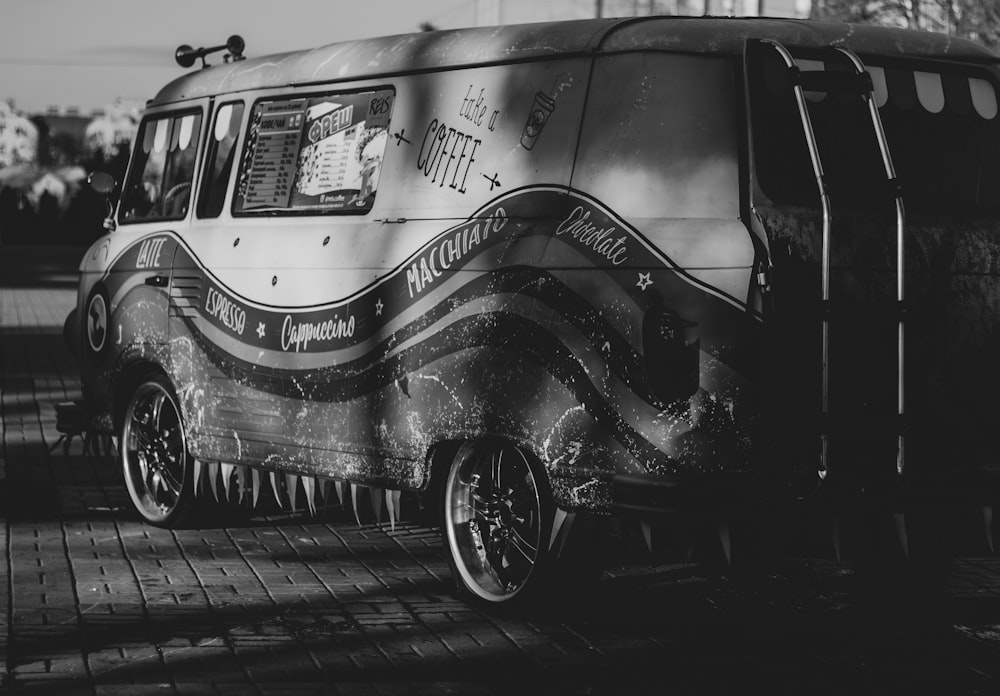 grayscale photo of van