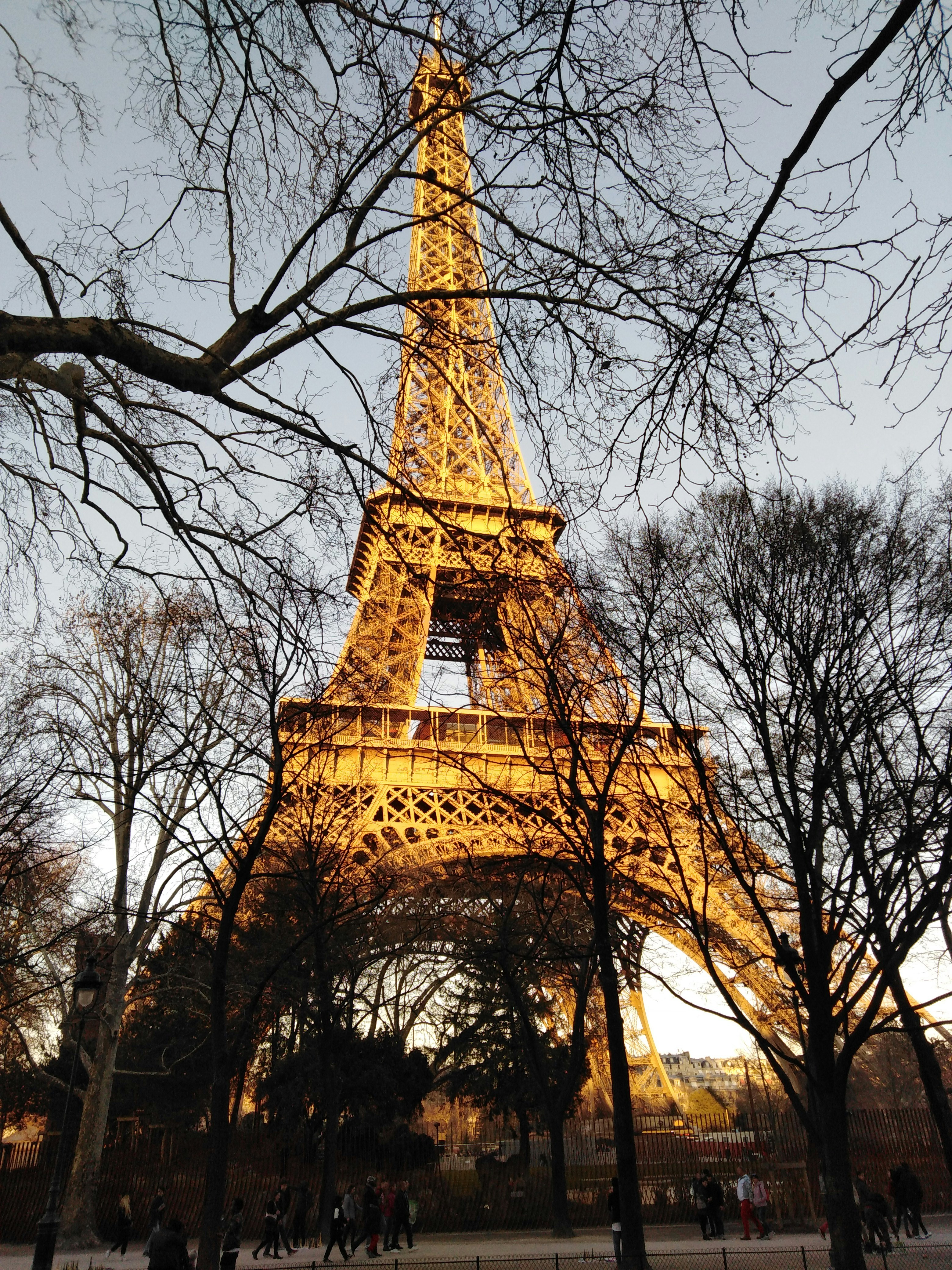 Eiffel Tower at golden hour viewed from Trocadero, dark atmospheric haze, deep orange-blue sky gradient, silhouetted trees in foreground