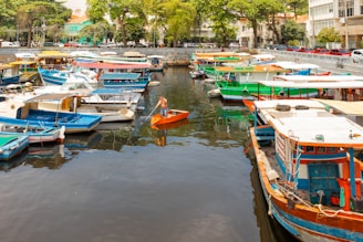 A small harbor filled with colorful boats docked along the water. A person is paddling a small orange boat in the middle of the harbor. Trees line the background, and cars are parked along the street next to the harbor.