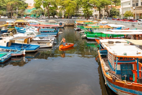 A small harbor filled with colorful boats docked along the water. A person is paddling a small orange boat in the middle of the harbor. Trees line the background, and cars are parked along the street next to the harbor.