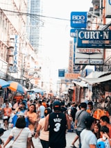 A vibrant street scene from an international market bustling with life and colors.