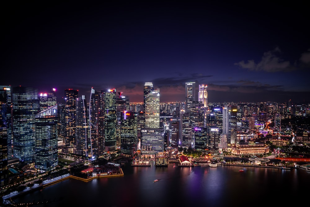 aerial photo of city buildings at night