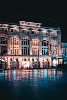 a large building lit up with christmas lights