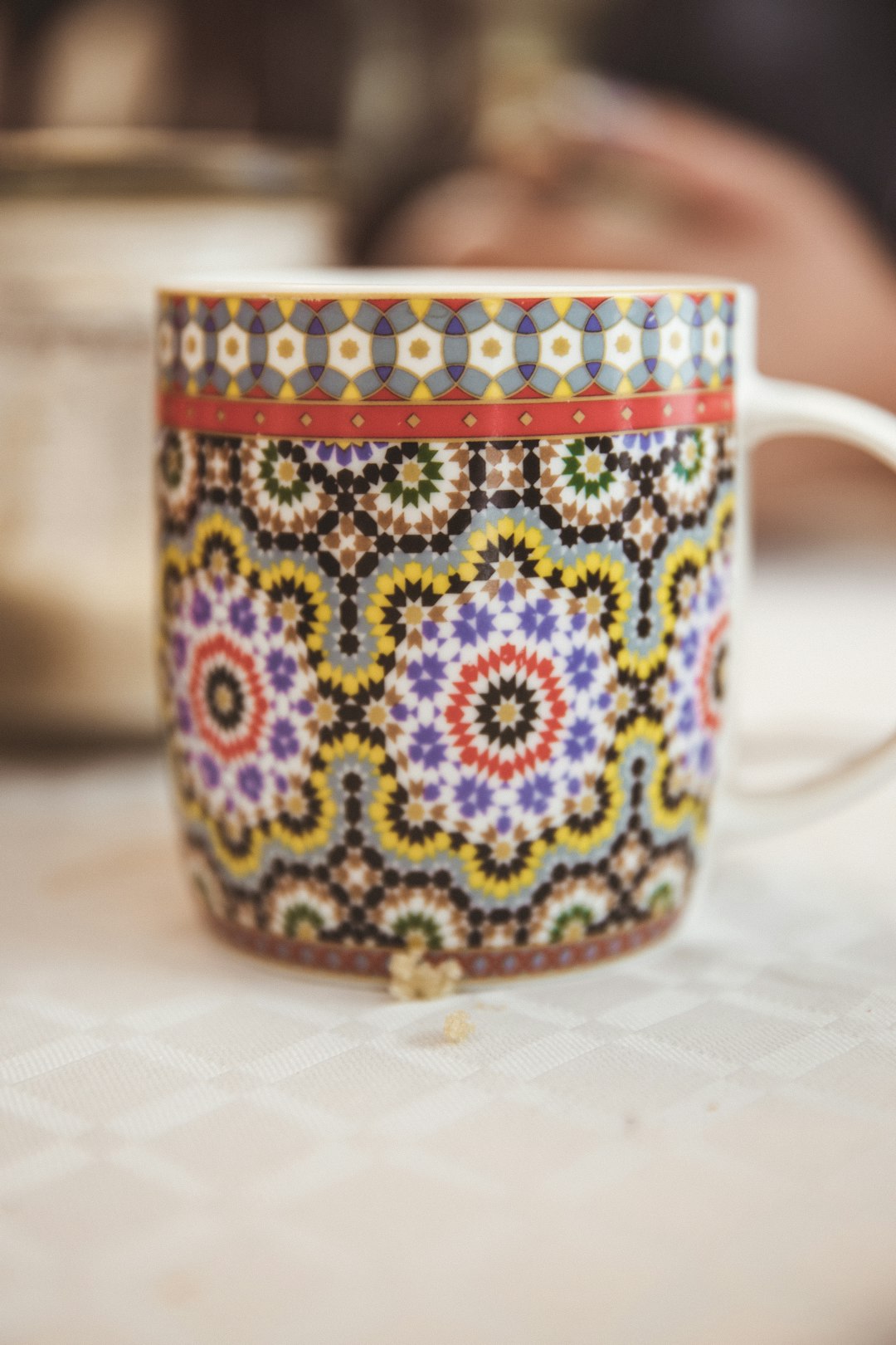 multicolored floral mug
