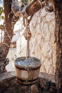 A rustic wooden bucket filled with water hangs from a sturdy, weathered tree branch. Water spills over the edges, creating small streams as it drips down. The scene is set against a stone wall, partially blurred in the background, and surrounded by dry, twisted branches.