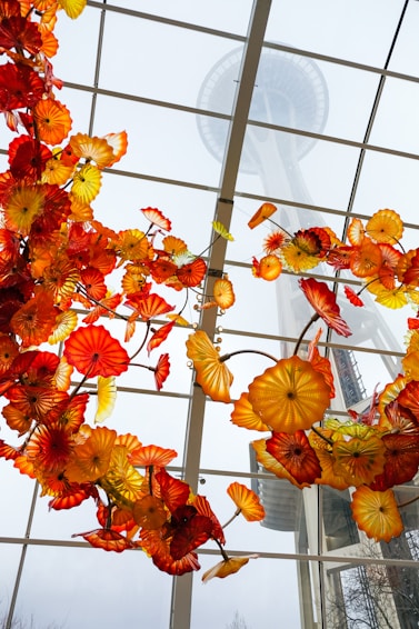 orange leaf plant on glass wall