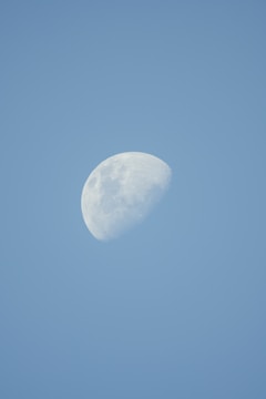 A clear and bright half-moon is set against a pale blue background, showcasing its craters and surface details.
