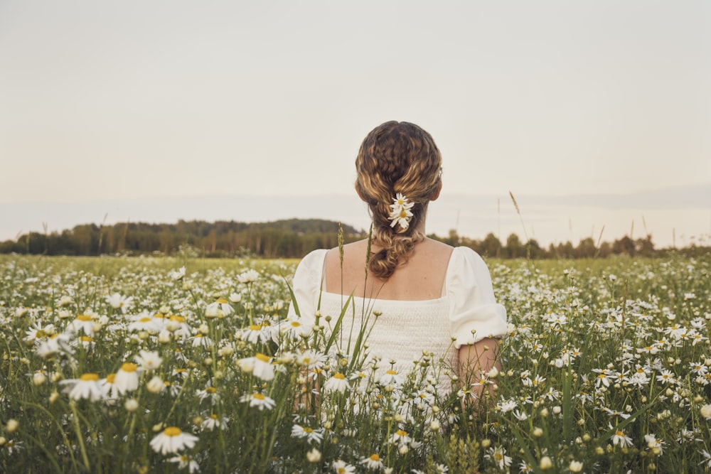 donna che cammina lungo un campo di fiori di astro bianco