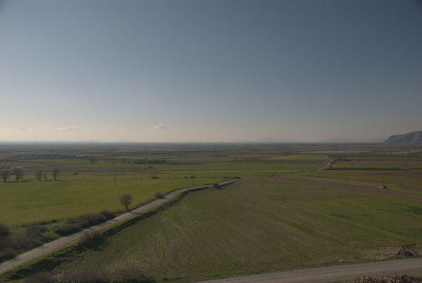 A vast landscape featuring expansive, flat fields with patches of greenery. A few isolated trees dot the horizon, and a narrow dirt road winds through the foreground. The sky is clear with a few sparse clouds, creating a serene atmosphere.