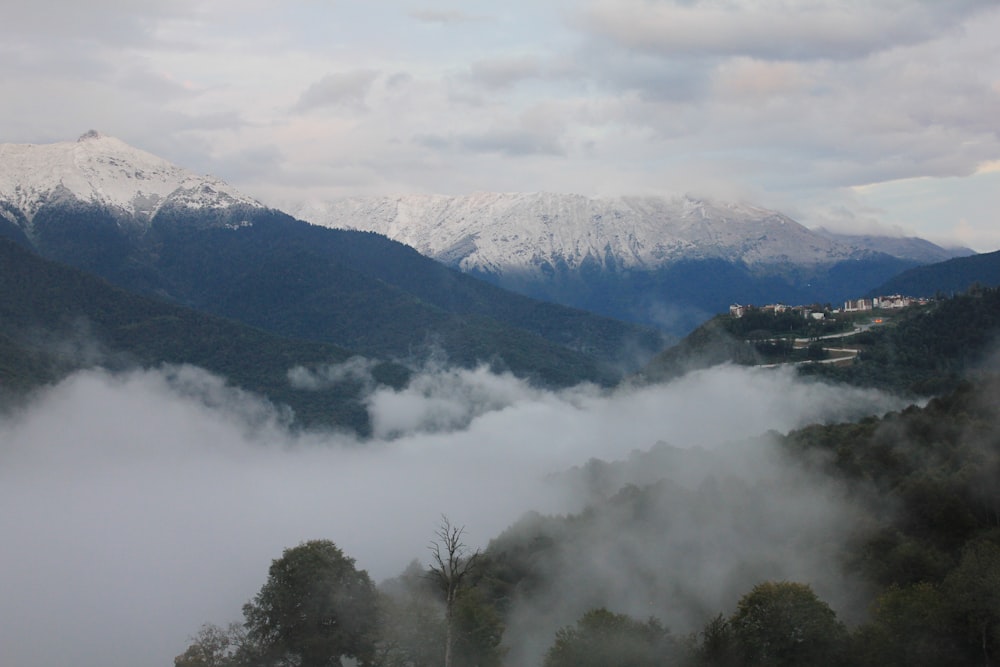 aerial photography of mountain covered with fogs under white and blue sky