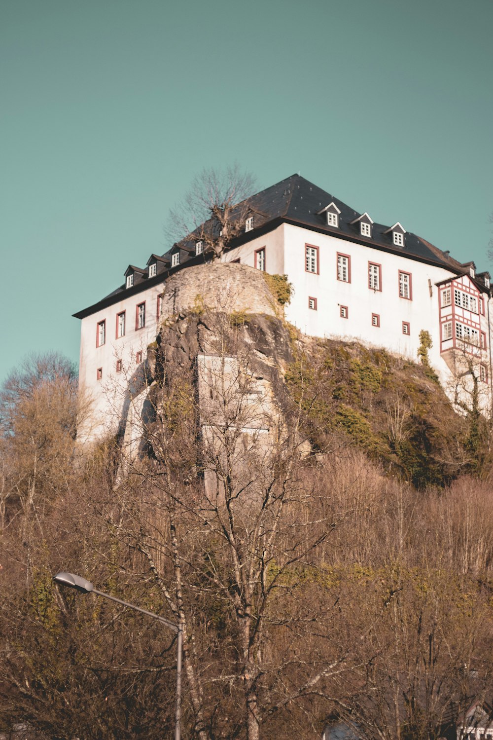 Weißes und schwarzes Betonhaus, tagsüber von Bäumen umgeben